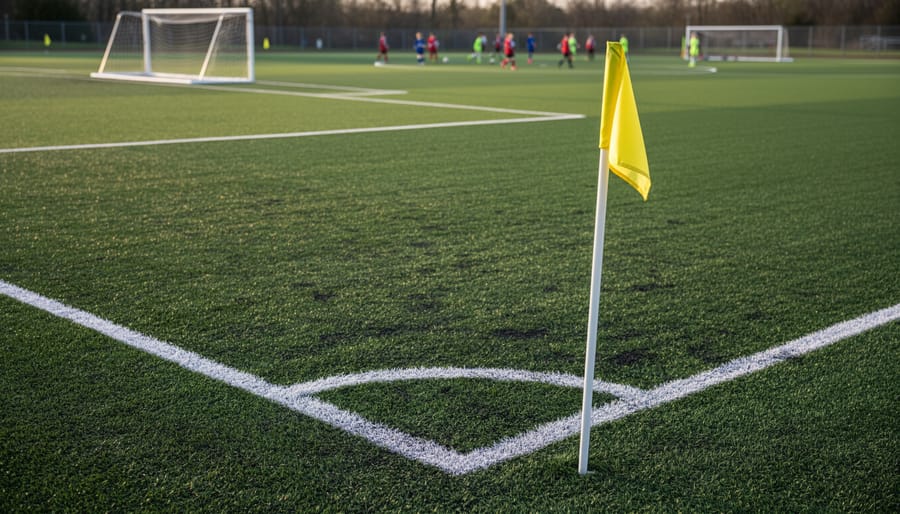 Youth soccer field showing visible boundary lines and a small goal with netting