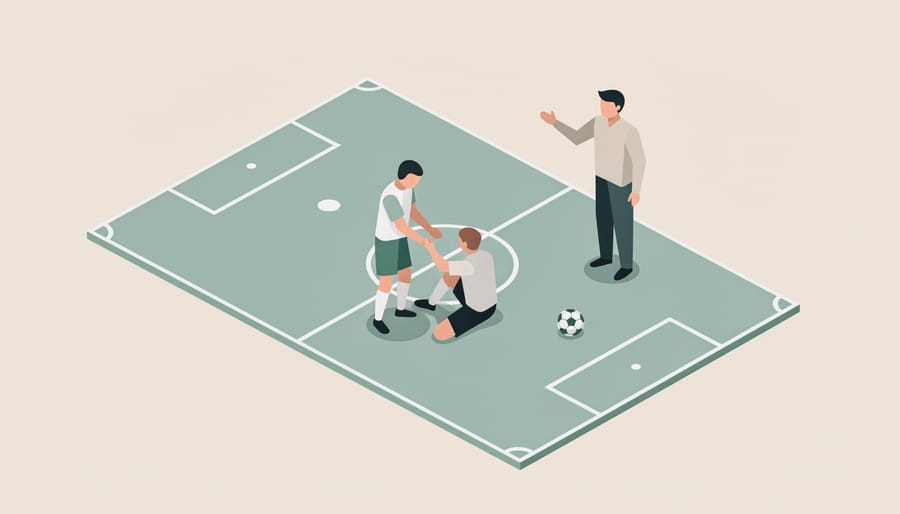 Youth soccer player helping another up during training, with coach and goal in soft background