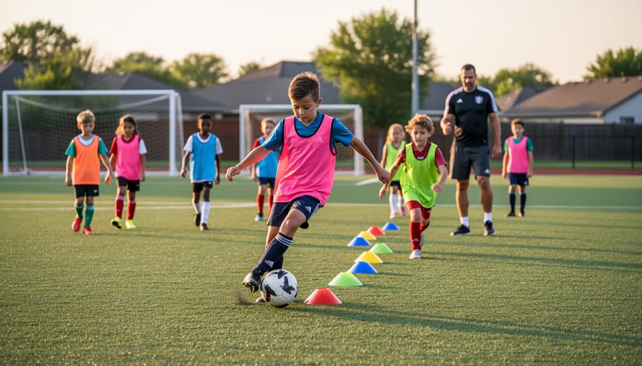 Youth soccer players dribbling during outdoor practice on a green field in Sault Ste. Marie