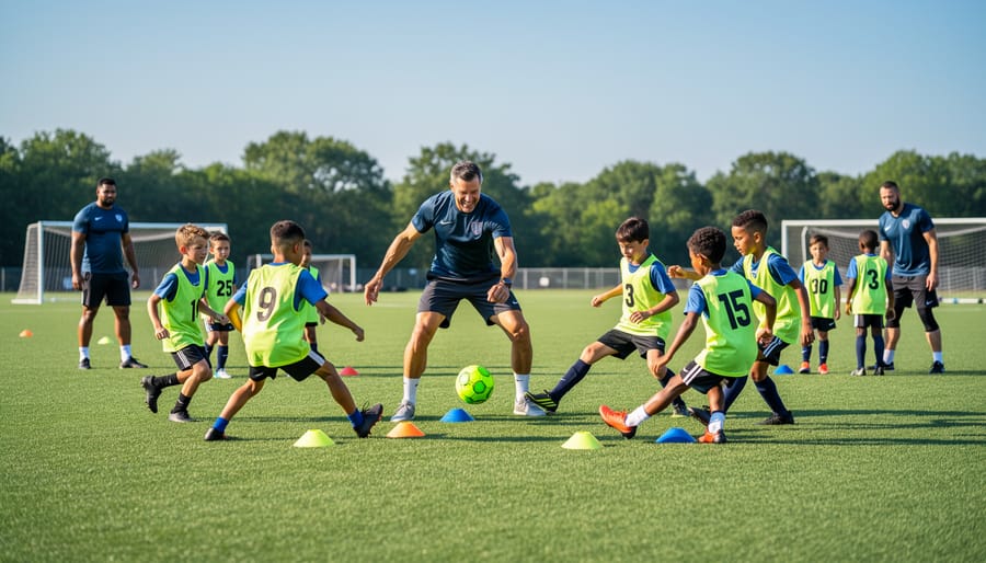 Youth soccer players training with coaches during a summer clinic on an outdoor field