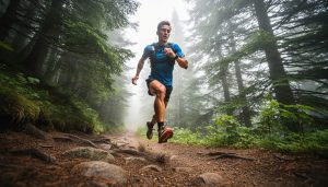 Trail runner running on a rocky, off-road path through a Canadian evergreen forest with blurred trees and a winding trail in the background.
