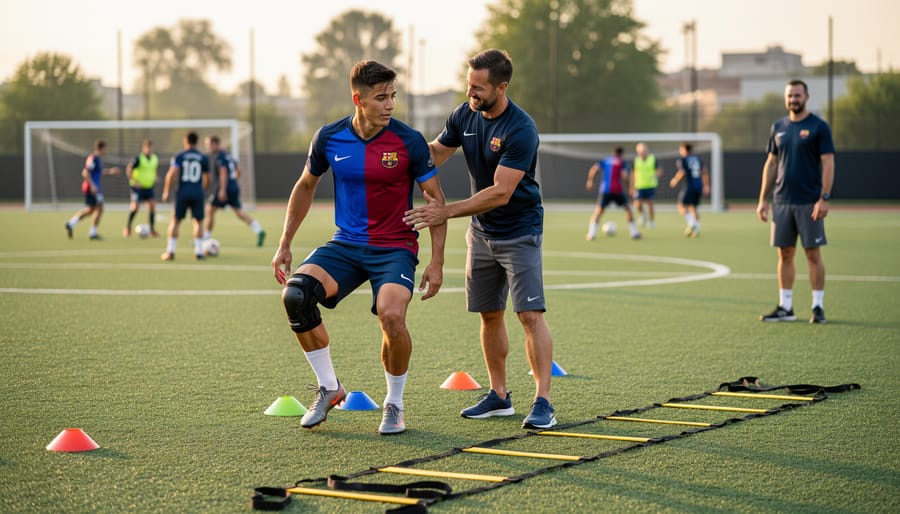 Athlete doing light rehab training on a soccer field with cones and a resistance band