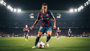 Aitana Bonmatí controlling a soccer ball in midfield with a scanning posture during a women’s match under bright stadium lights.