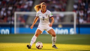 Alex Morgan controlling a soccer ball on a stadium pitch in a U.S. Women’s National Team–style jersey.