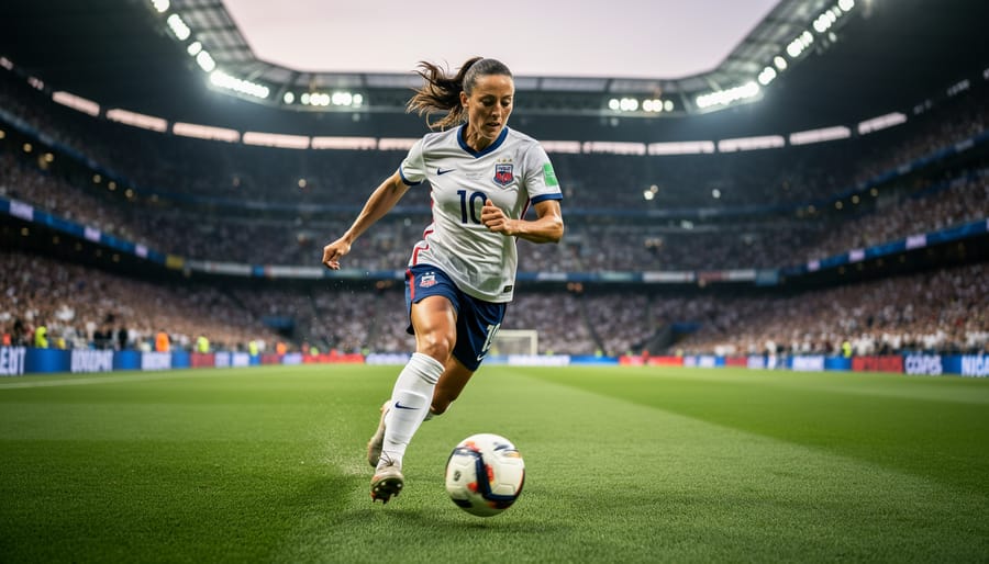 Alex Morgan in a U.S. Women’s National Team jersey controlling a soccer ball during a stadium match.