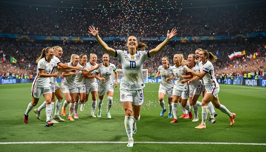 Alex Morgan celebrating with teammates in a World Cup stadium setting with the crowd blurred in the background.