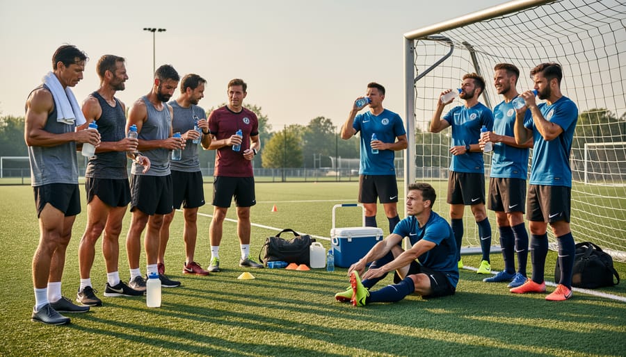 Runner and soccer player seated after training holding a water bottle and a shaker bottle.