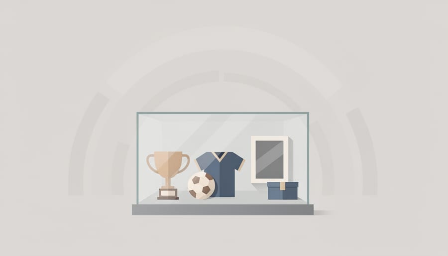 Sports memorabilia displayed in a glass cabinet including a signed jersey, match ball, and championship ring