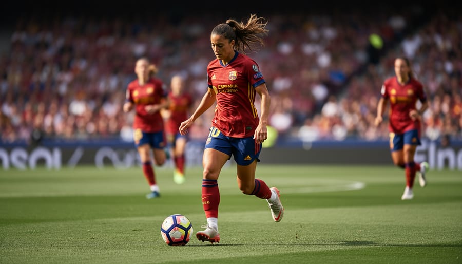 Aitana Bonmatí controlling the ball in midfield during a women’s soccer match under stadium lights