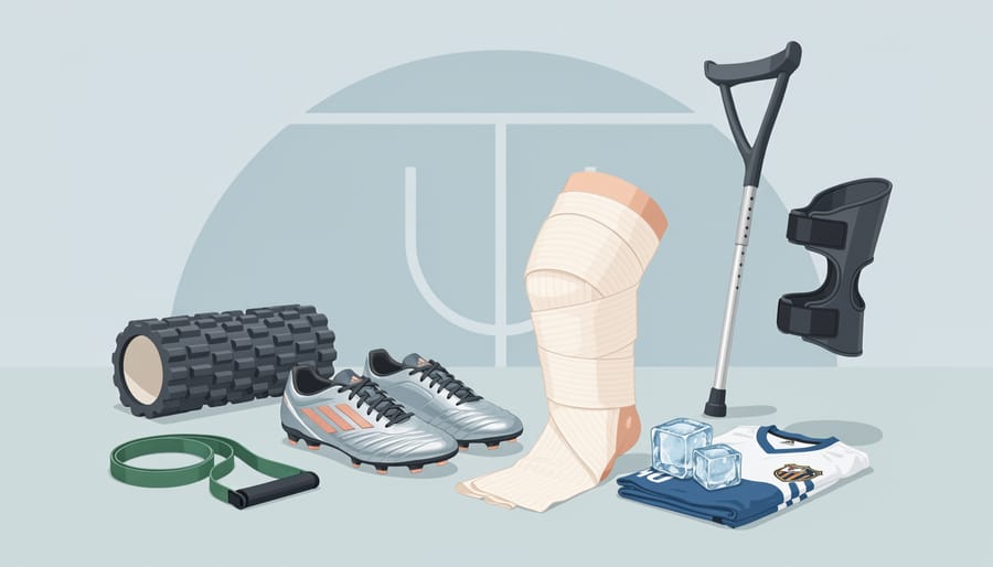 Soccer boots on grass next to athletic tape and a knee support sleeve