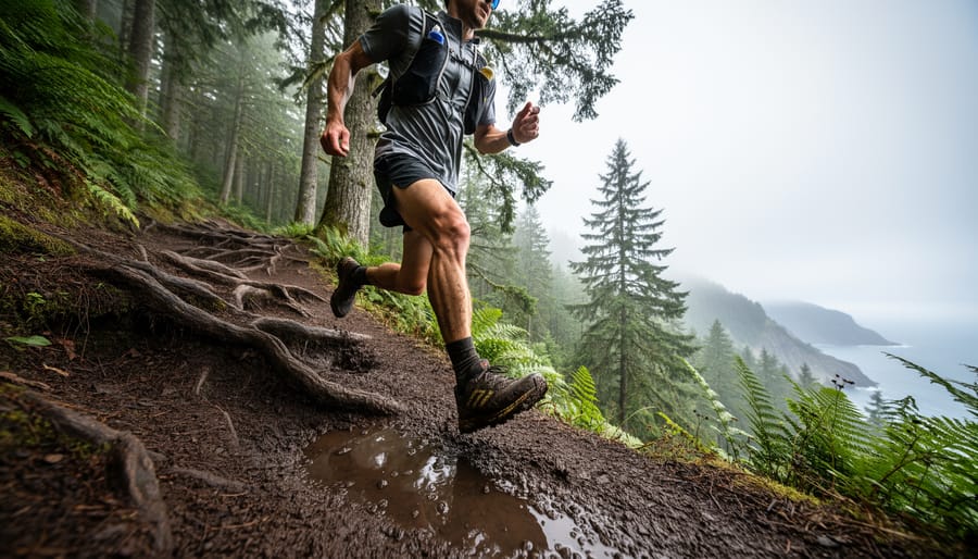 Trail runner ascending a steep, muddy rainforest path with wet roots and mist, with distant coastal mountains and ocean haze in the background.