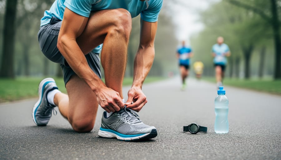 Runner tying shoelaces on a park path before starting marathon training, with trees and a softly blurred background.