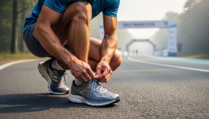 Close-up of a runner lacing their running shoes outdoors next to a road, representing preparation for half marathon training.