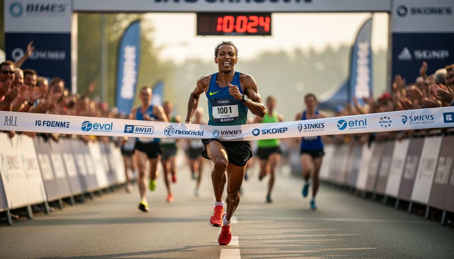 Runner nearing the finish line with blurred crowd in the background.