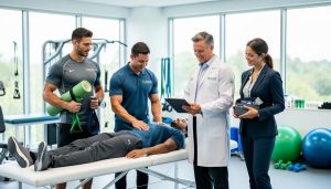 Sports medicine doctor and physical therapist collaborate with athletic trainer and nutritionist to support an athlete during care in a modern clinic.
