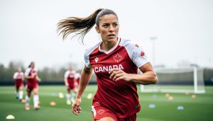 Jordyn Huitema training on an outdoor soccer field in a determined stance, with blurred teammates and equipment in the background.