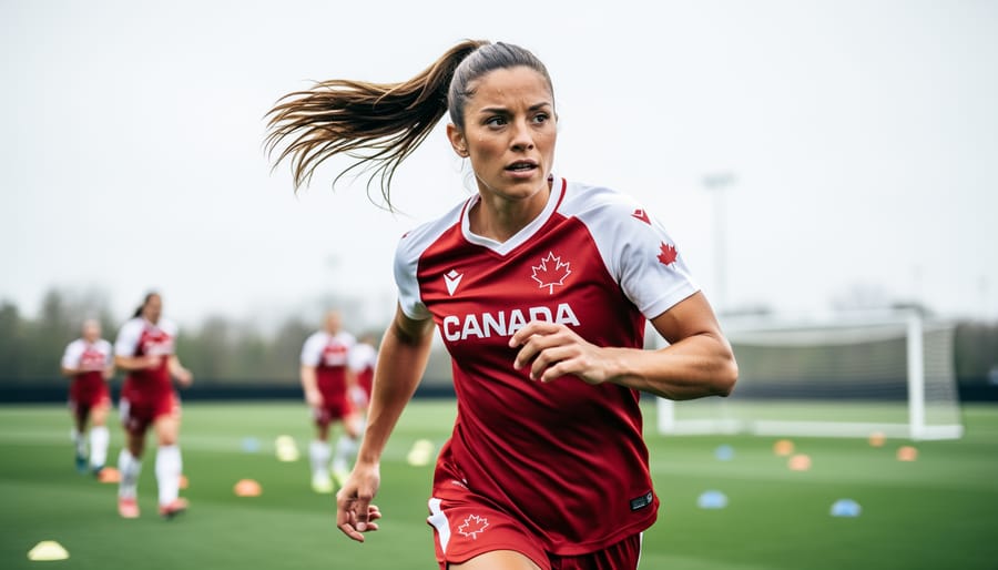 Jordyn Huitema training on an outdoor soccer field in a determined stance, with blurred teammates and equipment in the background.