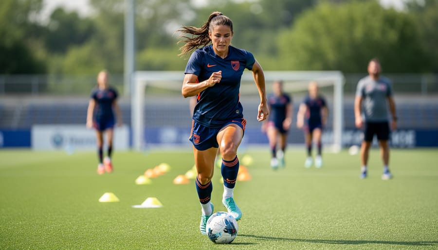 Jordyn Huitema striking a soccer ball during training on a professional pitch
