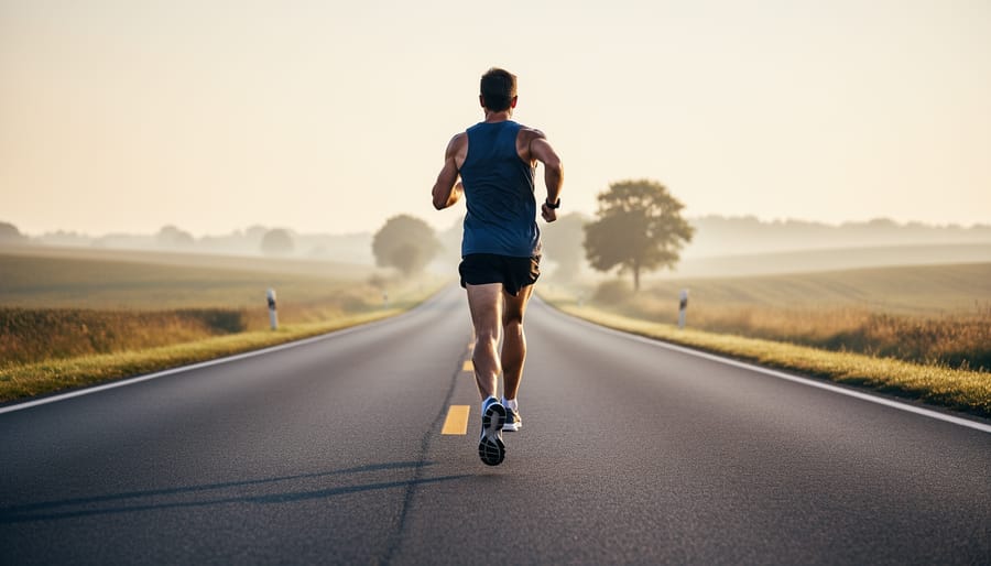 Runner in the distance on a quiet road during early morning long-run conditions