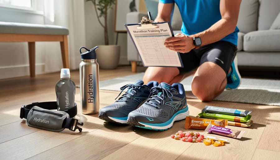 Runner tying shoelaces beside arranged marathon training gear including hydration bottle and energy gels