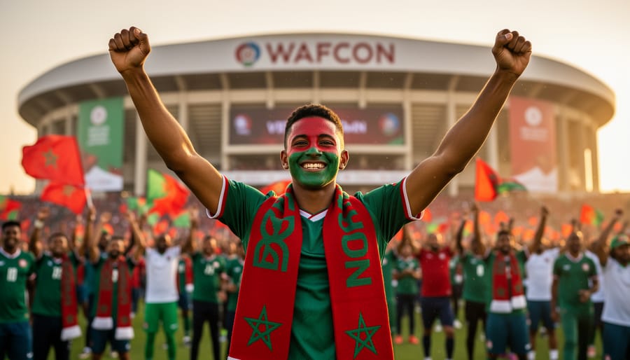 Moroccan women’s football fan in red-and-green attire holding a scarf near a stadium entrance.