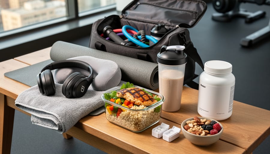 Running shoe and soccer cleat resting on a bench beside unlabeled supplement containers and meal prep food in low light.