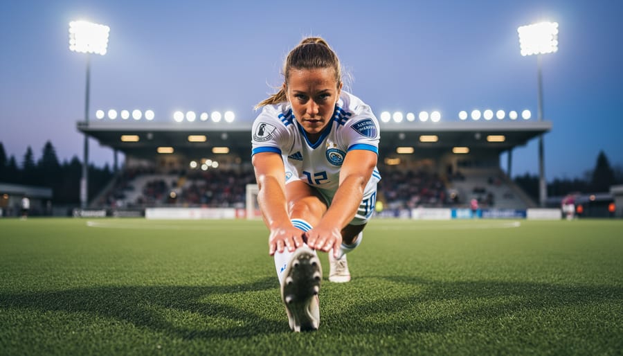 Women’s soccer player warming up by stretching on a grass field under stadium lights at dusk.