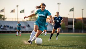 A women’s soccer player in a teal jersey kicks a ball on an outdoor university field at golden hour, with other players and the crowd softly blurred in the background.