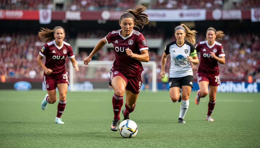 Two women’s soccer players sprint toward a loose ball on a grass field during an OU A match