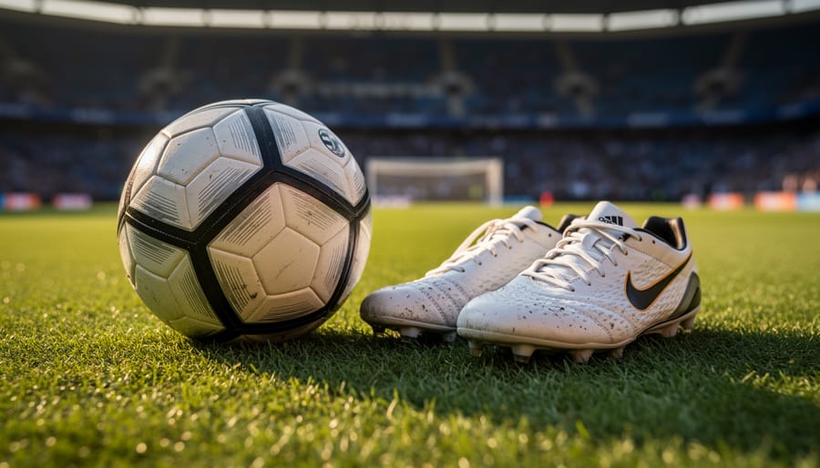 Soccer ball on the sideline grass with cleats and a water bottle during match preparation