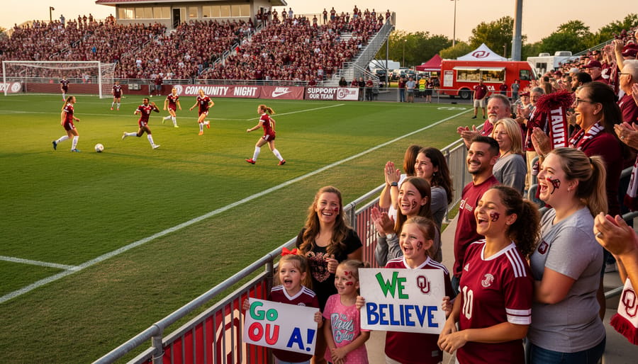 Fans cheering in the stands with OU A colors during a women’s soccer match