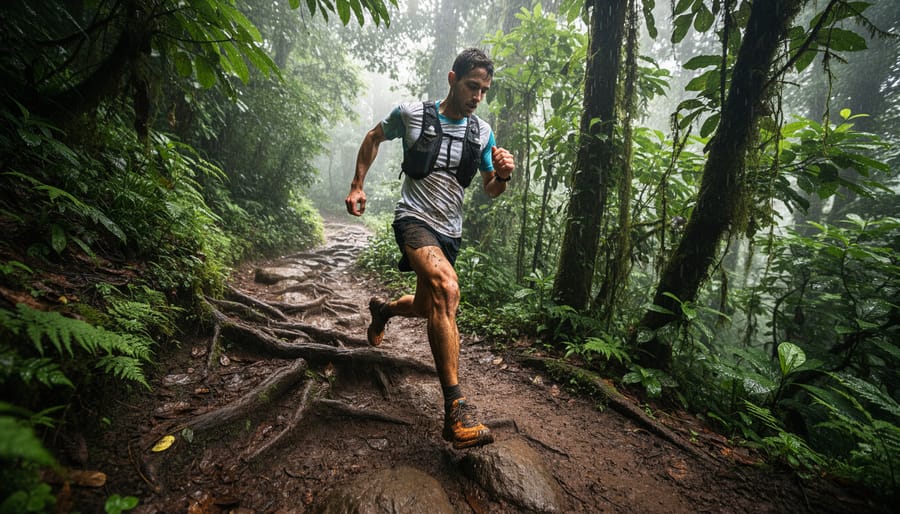 Trail runner climbing a steep muddy rainforest switchback with trekking poles under soft misty light