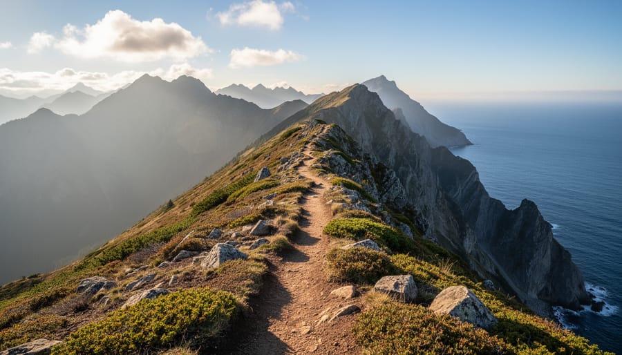 Trail runners running along a ridgeline trail overlooking the ocean at golden hour