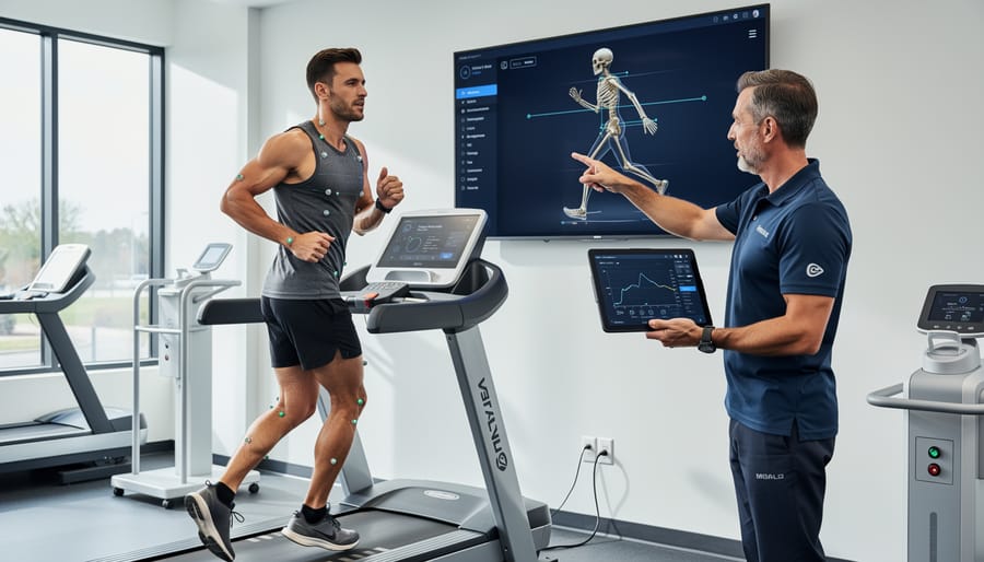 A runner performing a single-leg balance during a sports medicine biomechanical assessment while a clinician observes.