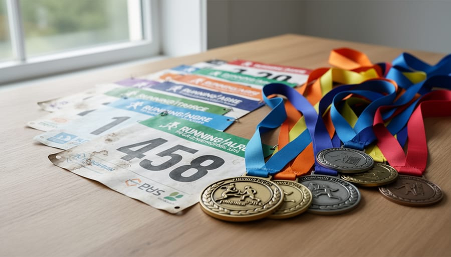 Runner’s hands placing a race bib and finisher medal into an archival display case