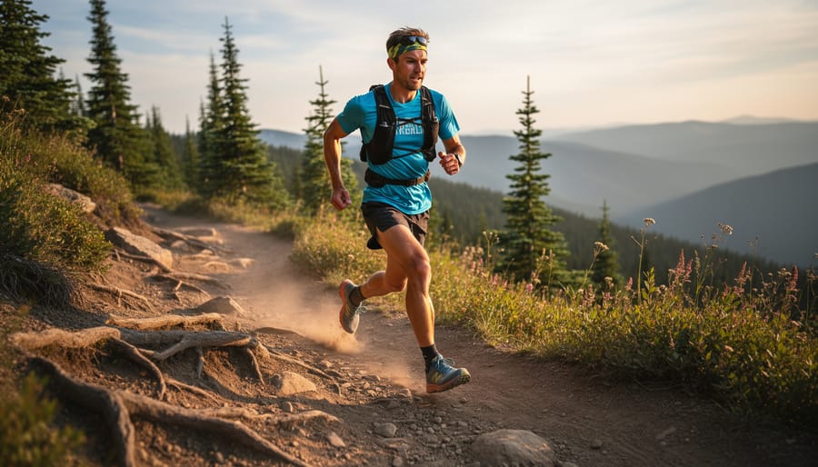 Trail runner running on a rocky forest path in a Canadian-style evergreen forest