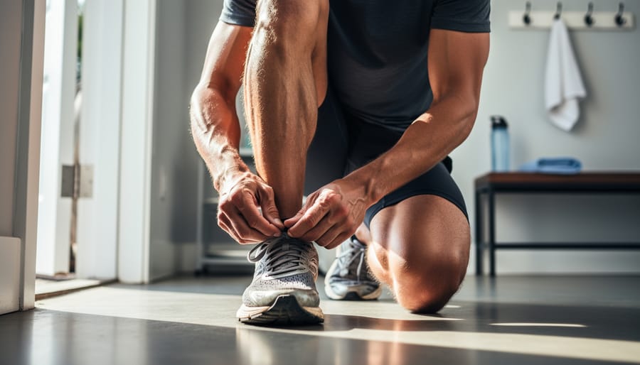Runner tying shoelaces next to a park bench before training.