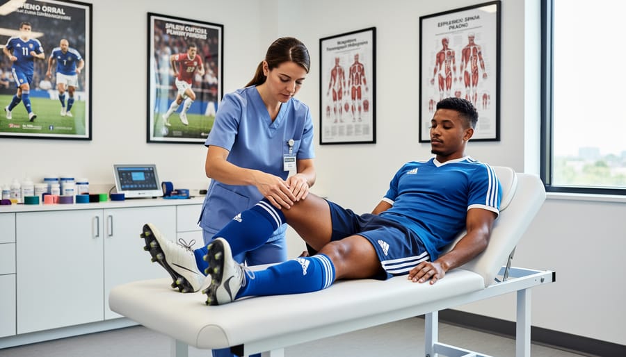 An athletic trainer assisting a seated soccer player while wrapping an ankle in a sports medicine clinic.