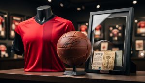Close-up of authenticated sports memorabilia on a wooden shelf, featuring a game-worn jersey and a signed ball displayed in a collector’s shadowbox setting