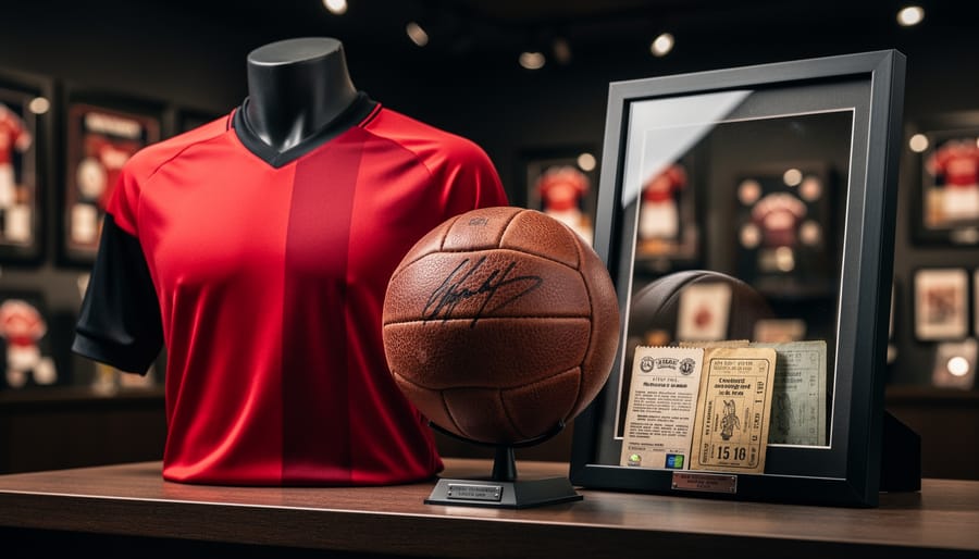 Close-up of authenticated sports memorabilia on a wooden shelf, featuring a game-worn jersey and a signed ball displayed in a collector’s shadowbox setting