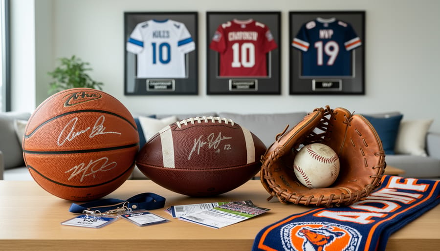 Close-up of framed signed soccer jersey, event ticket, finisher medal, and vintage program on a wooden display table