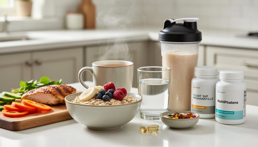 Close-up of a shaker bottle, oats, powder scoop, and banana on a kitchen counter.