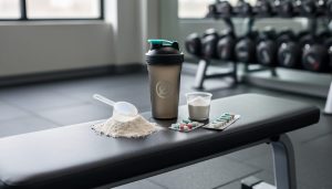 Training supplements including a protein shaker, electrolyte powder, and vitamin packs arranged on a gym bench next to fitness equipment.