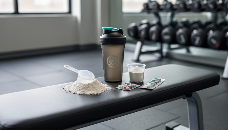 Training supplements including a protein shaker, electrolyte powder, and vitamin packs arranged on a gym bench next to fitness equipment.