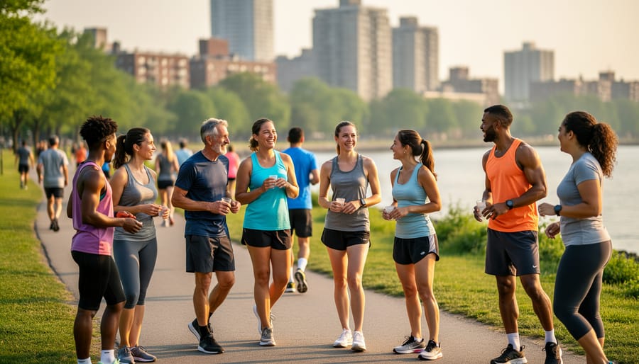 Group of trail runners at a forest trail start area preparing to race