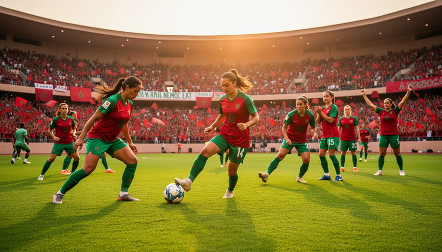Women’s football players warming up on a stadium pitch in Morocco with a crowd in the stands behind them.
