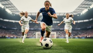 A women’s soccer player sprinting toward the ball on a green field with opponents closing in during a match.