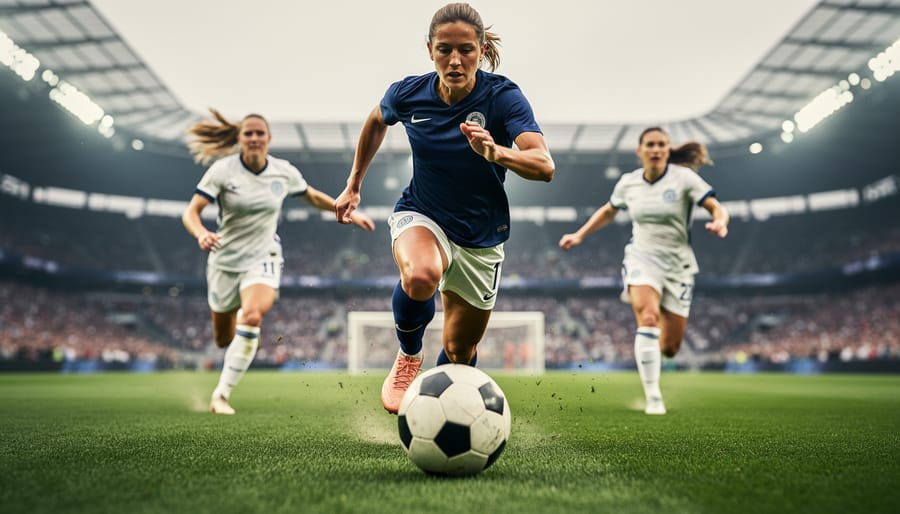 A women’s soccer player sprinting toward the ball on a green field with opponents closing in during a match.