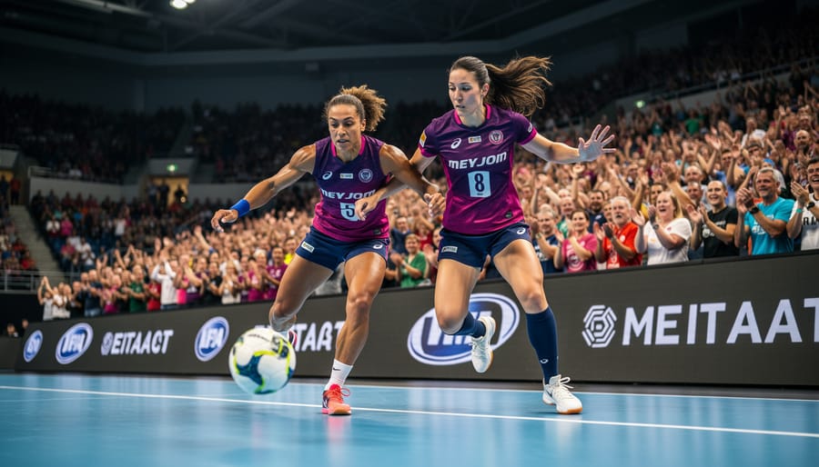 Women’s soccer players sprint toward the ball during a match on a green field