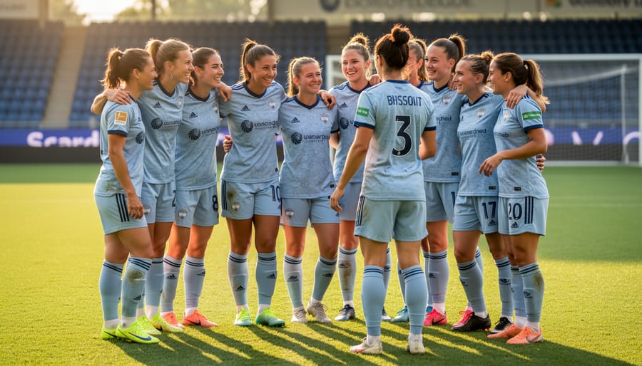 Women’s soccer players and coaches gather around a ball before kickoff at a stadium